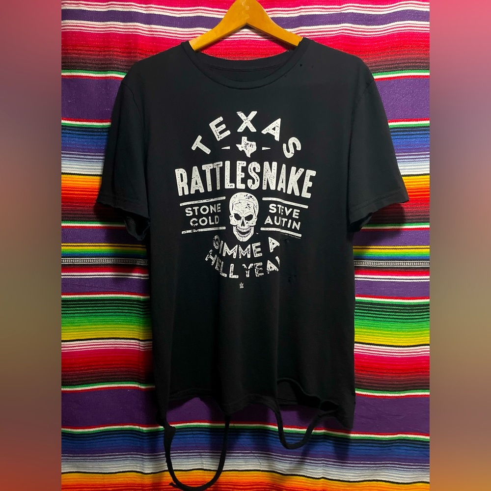 Stone Cold Steve Austin Texas Rattlesnake WWF Distressed Raw Edged T-shirt XXL